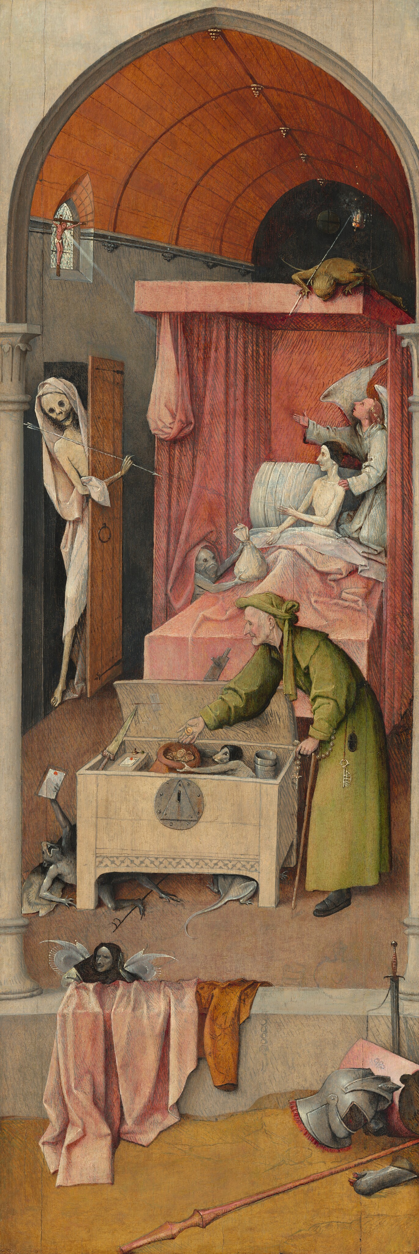 Hieronymus Bosch painting Death and the Miser: a dying man in a narrow bedchamber as Death enters at the door, a demon offers a bag of coins, and an angel gestures upward.
